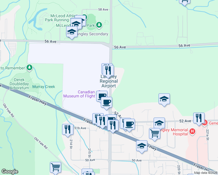 map of restaurants, bars, coffee shops, grocery stores, and more near 5316 216 Street in Langley