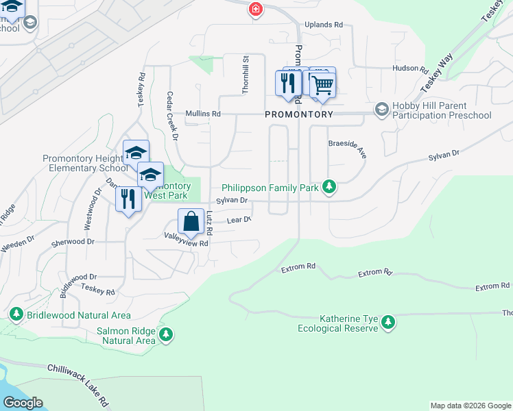 map of restaurants, bars, coffee shops, grocery stores, and more near 46514 Lear Drive in Chilliwack