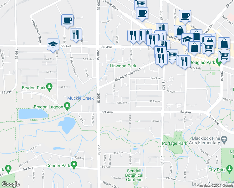 map of restaurants, bars, coffee shops, grocery stores, and more near 5360 201 Street in Langley City