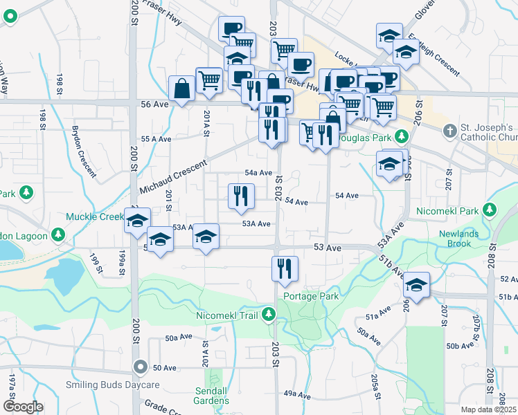 map of restaurants, bars, coffee shops, grocery stores, and more near in Langley