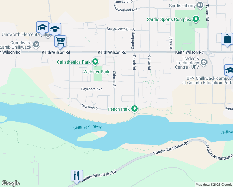 map of restaurants, bars, coffee shops, grocery stores, and more near 5404 Chinook Street in Chilliwack