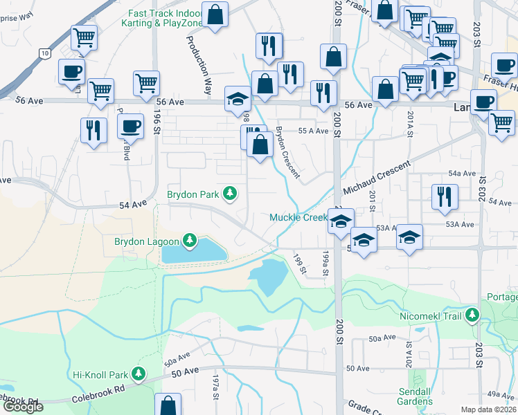 map of restaurants, bars, coffee shops, grocery stores, and more near 5378 198 Street in Langley