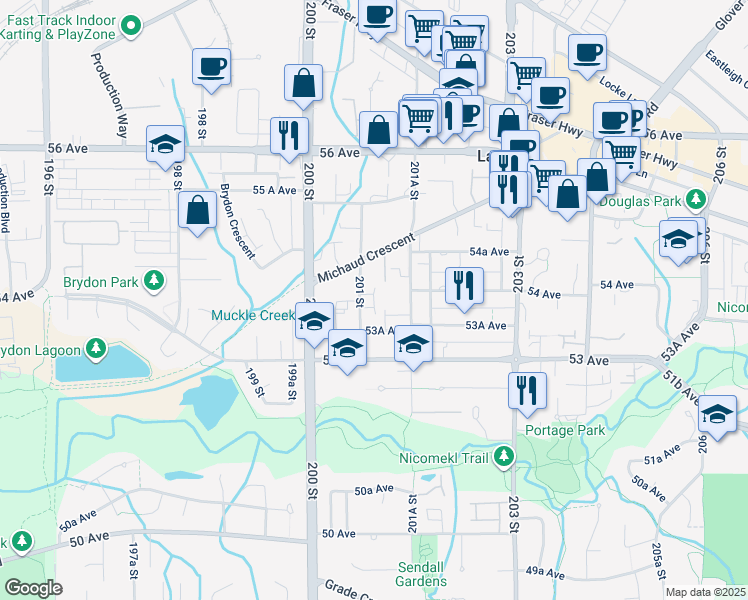 map of restaurants, bars, coffee shops, grocery stores, and more near 5360 201 Street in Langley