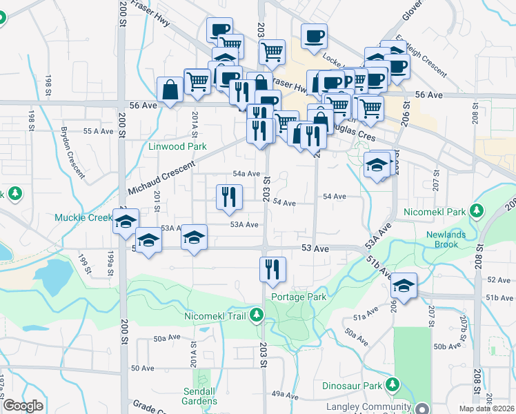 map of restaurants, bars, coffee shops, grocery stores, and more near 20288 54 Avenue in Langley
