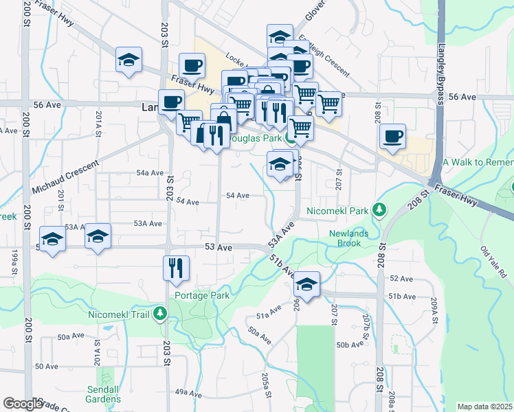 map of restaurants, bars, coffee shops, grocery stores, and more near 5379 205 Street in Langley