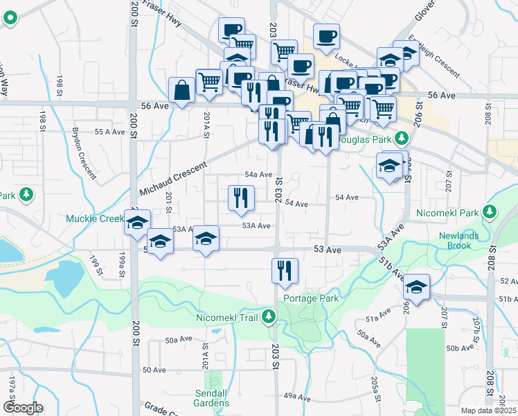 map of restaurants, bars, coffee shops, grocery stores, and more near 20268 54 Avenue in Langley