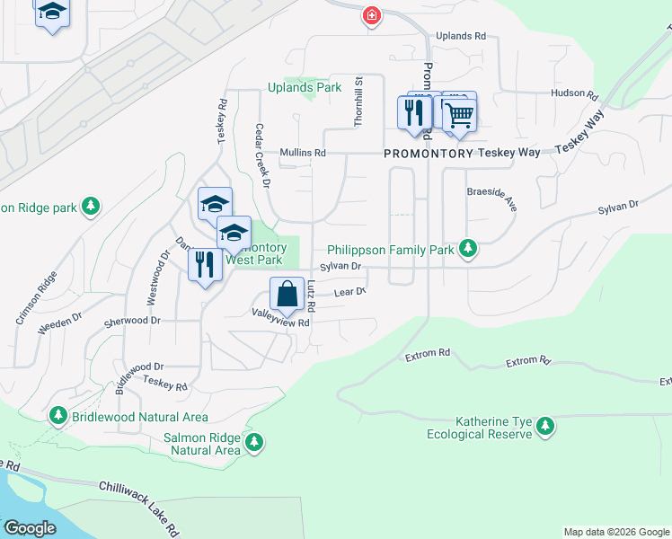 map of restaurants, bars, coffee shops, grocery stores, and more near 46448 Sylvan Drive in Chilliwack