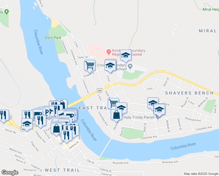 map of restaurants, bars, coffee shops, grocery stores, and more near 1451 2 Avenue in Trail