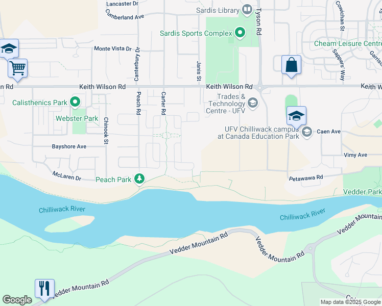 map of restaurants, bars, coffee shops, grocery stores, and more near 5384 Tyee Lane in Chilliwack