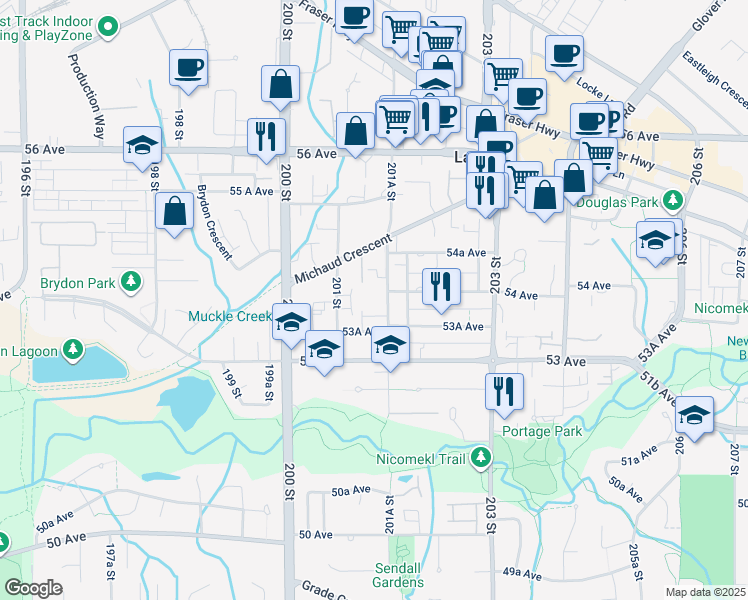 map of restaurants, bars, coffee shops, grocery stores, and more near 5377 201A Street in Langley