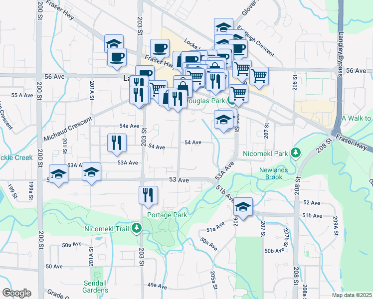map of restaurants, bars, coffee shops, grocery stores, and more near 20420 54 Avenue in Langley