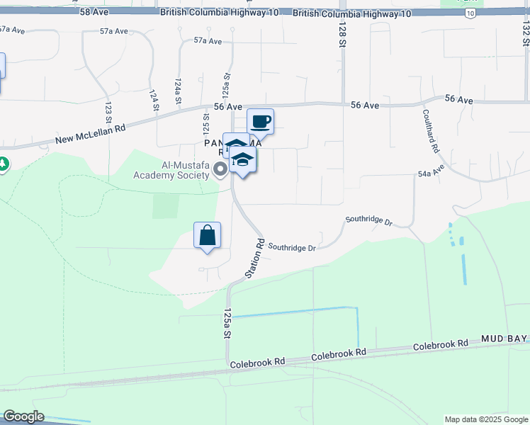 map of restaurants, bars, coffee shops, grocery stores, and more near 12646 54 Avenue in Surrey