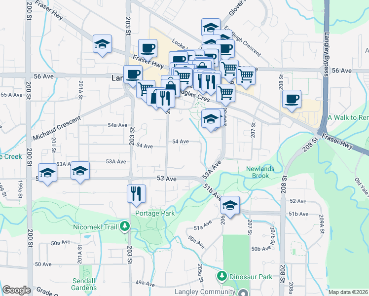 map of restaurants, bars, coffee shops, grocery stores, and more near 20460 54 Avenue in Langley