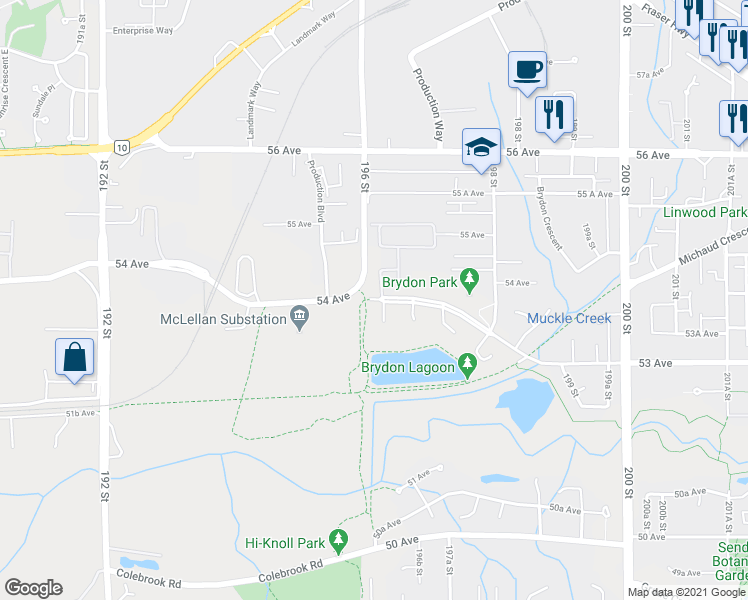 map of restaurants, bars, coffee shops, grocery stores, and more near 111 53 Avenue in Langley