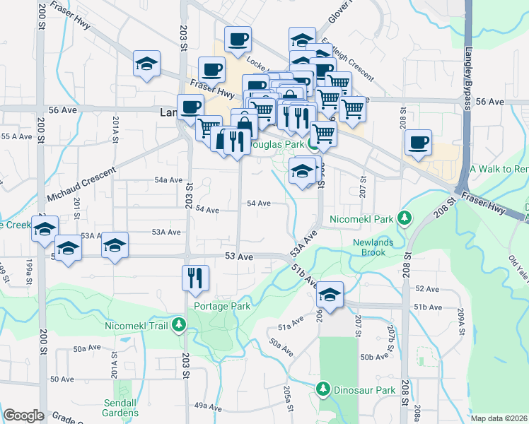 map of restaurants, bars, coffee shops, grocery stores, and more near 20460 54 Avenue in Langley