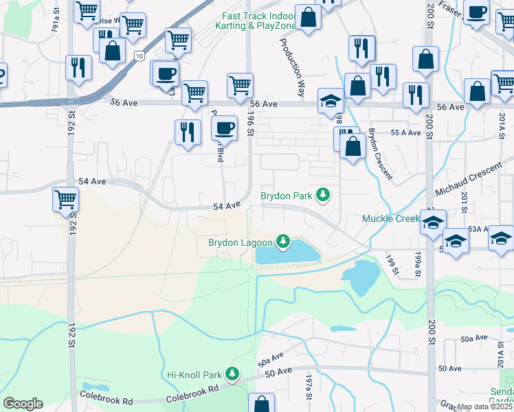 map of restaurants, bars, coffee shops, grocery stores, and more near 28 53 Avenue in Langley