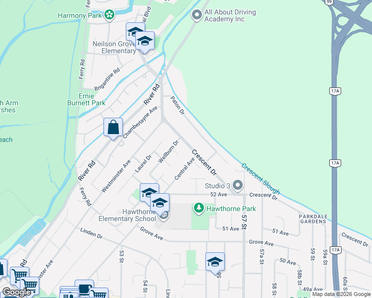 map of restaurants, bars, coffee shops, grocery stores, and more near 5351 Crescent Drive in Delta