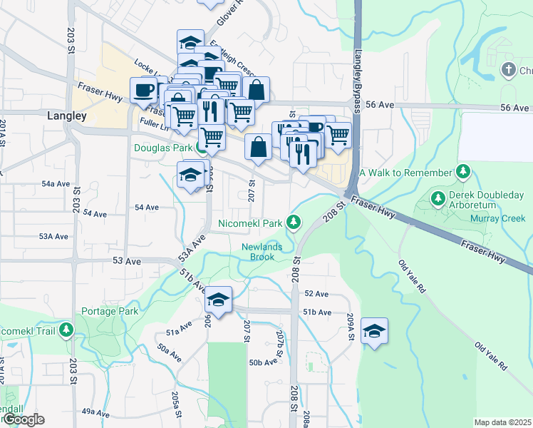 map of restaurants, bars, coffee shops, grocery stores, and more near 5398 207 Street in Langley