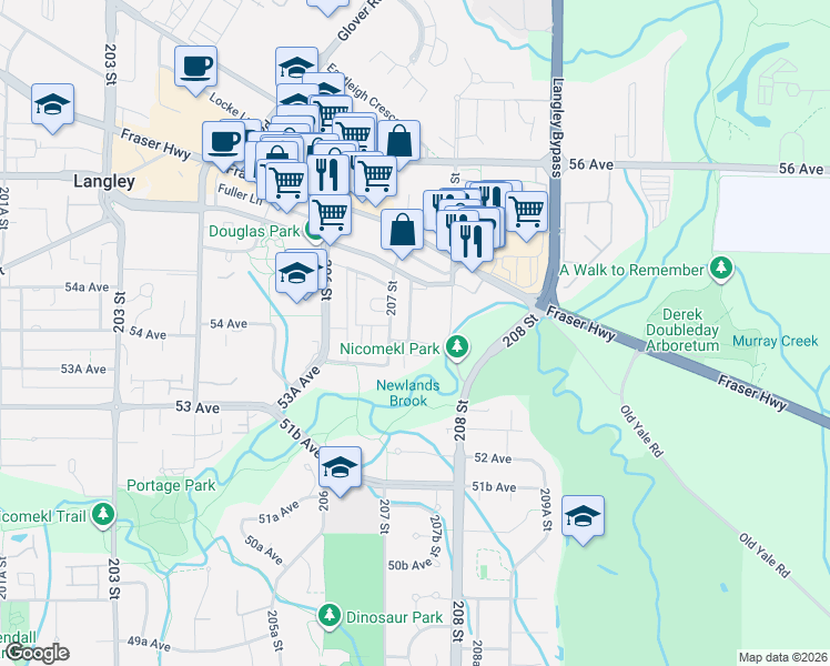 map of restaurants, bars, coffee shops, grocery stores, and more near 5398 207 Street in Langley