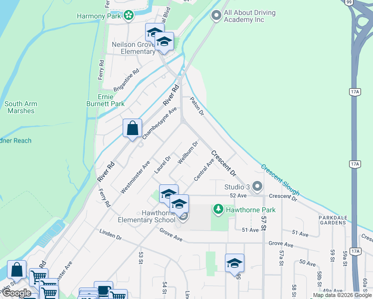 map of restaurants, bars, coffee shops, grocery stores, and more near 5383 Laurel Drive in Delta