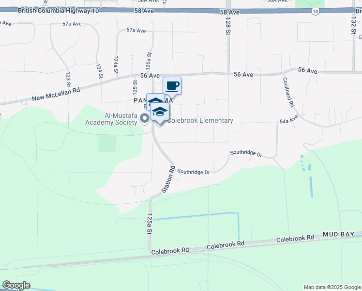 map of restaurants, bars, coffee shops, grocery stores, and more near 12646 54 Avenue in Surrey