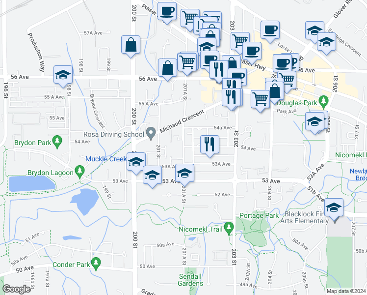 map of restaurants, bars, coffee shops, grocery stores, and more near 5377 201A Street in Langley