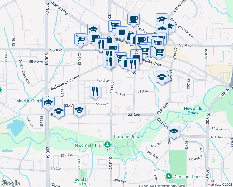 map of restaurants, bars, coffee shops, grocery stores, and more near 54 Avenue in Langley