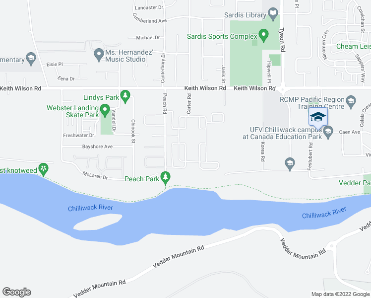 map of restaurants, bars, coffee shops, grocery stores, and more near 5418 Dollyvarden Lane in Chilliwack