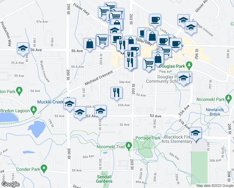 map of restaurants, bars, coffee shops, grocery stores, and more near 20225 54 Avenue in Langley