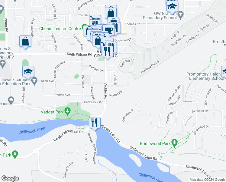 map of restaurants, bars, coffee shops, grocery stores, and more near 45640 Alma Avenue in Chilliwack