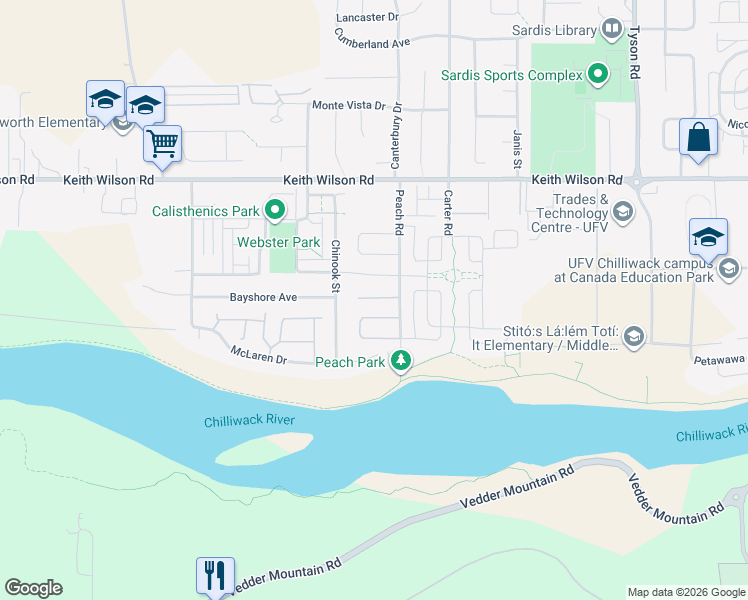 map of restaurants, bars, coffee shops, grocery stores, and more near 5465 Peach Road in Chilliwack