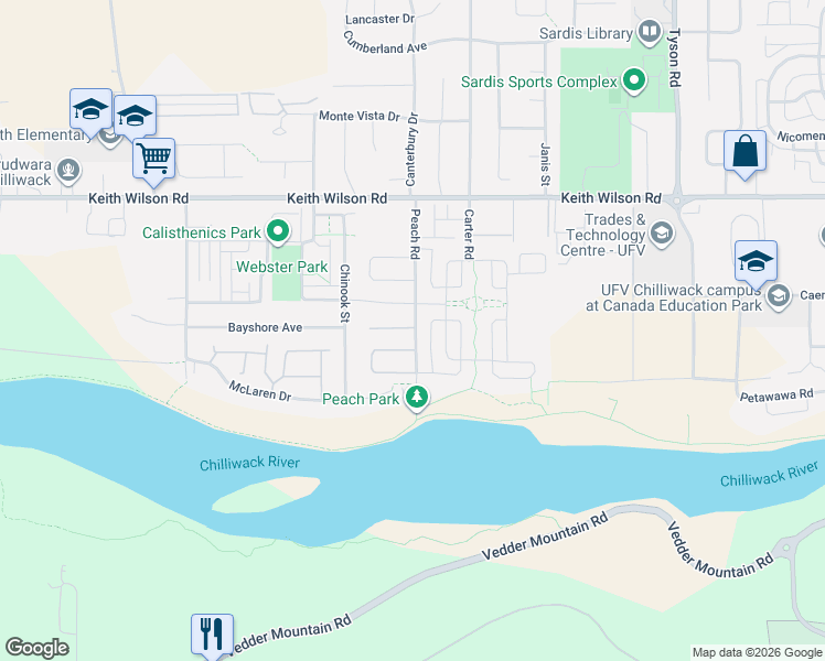 map of restaurants, bars, coffee shops, grocery stores, and more near 5415 Peach Road in Chilliwack