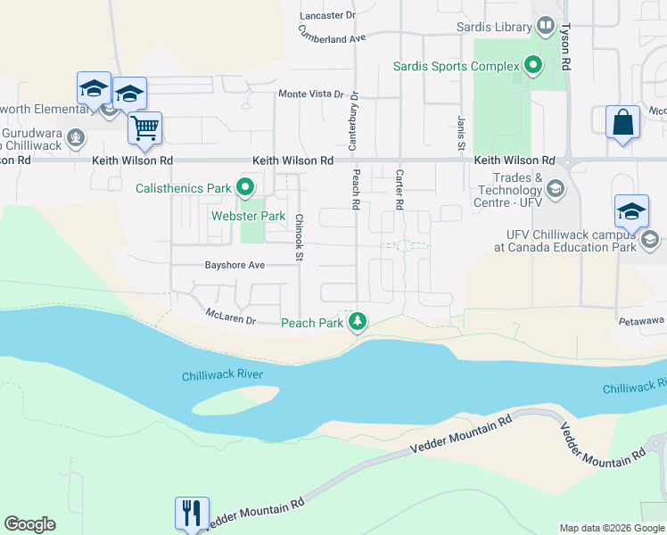 map of restaurants, bars, coffee shops, grocery stores, and more near 5415 Peach Road in Chilliwack