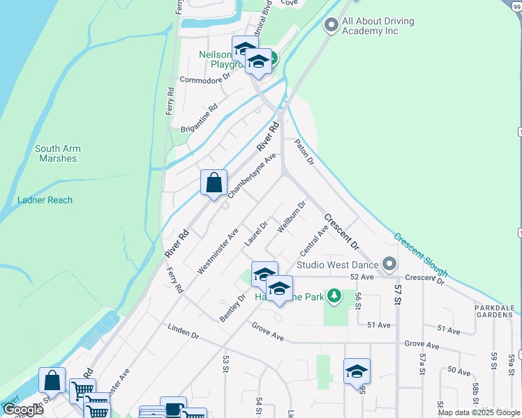map of restaurants, bars, coffee shops, grocery stores, and more near 5354 Westminster Avenue in Delta