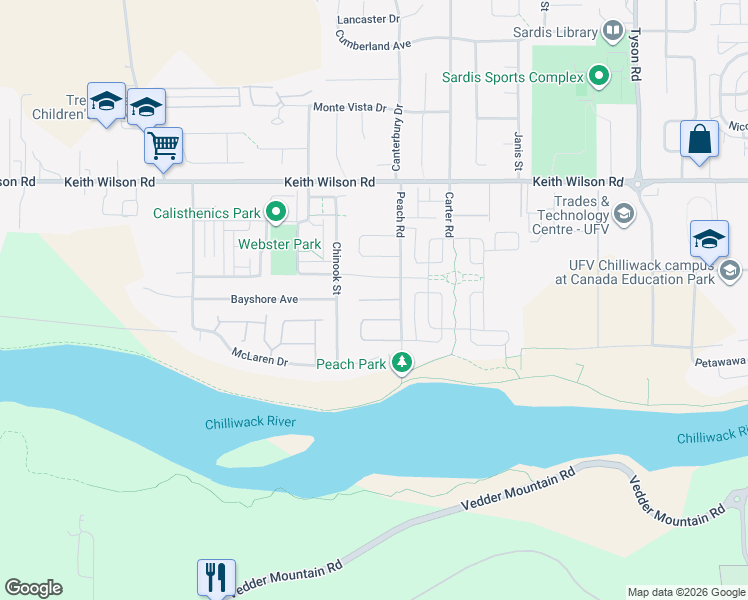 map of restaurants, bars, coffee shops, grocery stores, and more near 5465 Peach Road in Chilliwack