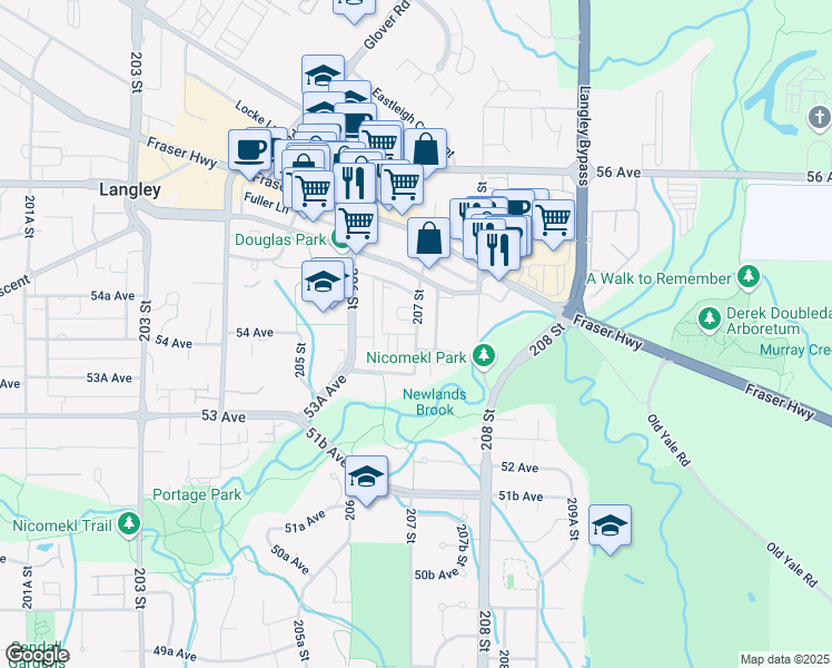 map of restaurants, bars, coffee shops, grocery stores, and more near 5398 207 Street in Langley