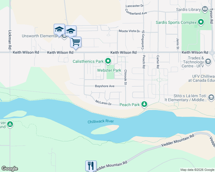 map of restaurants, bars, coffee shops, grocery stores, and more near Bayshore Avenue in Chilliwack