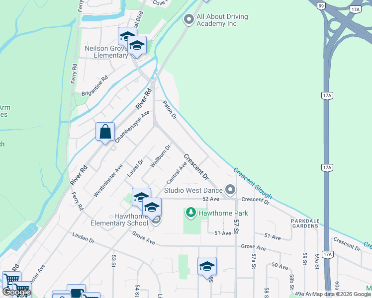 map of restaurants, bars, coffee shops, grocery stores, and more near 5350 Crescent Drive in Delta