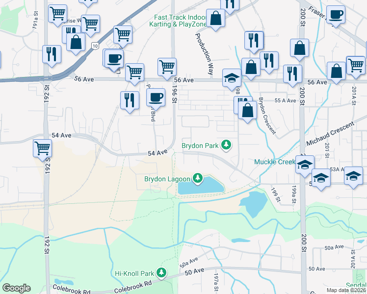 map of restaurants, bars, coffee shops, grocery stores, and more near 53 Avenue in Langley City