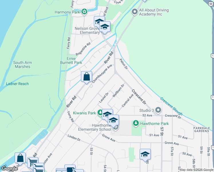 map of restaurants, bars, coffee shops, grocery stores, and more near 5358 Westminster Avenue in Delta