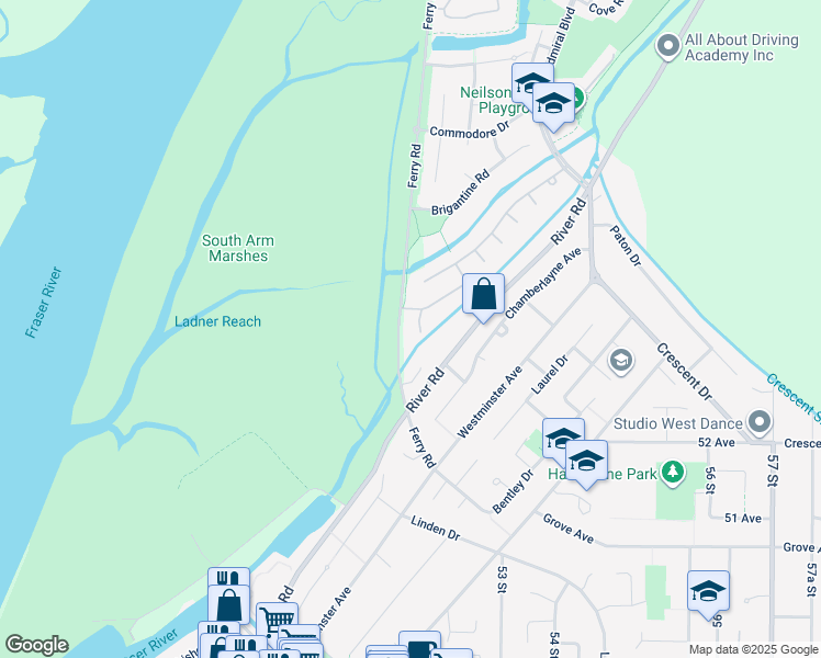 map of restaurants, bars, coffee shops, grocery stores, and more near 5359 Jibset Bay in Delta