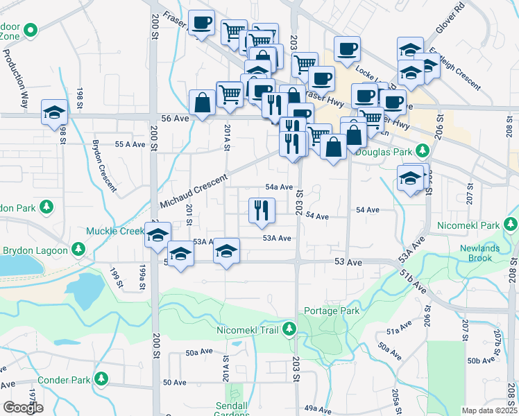 map of restaurants, bars, coffee shops, grocery stores, and more near 20223 54 Avenue in Langley City