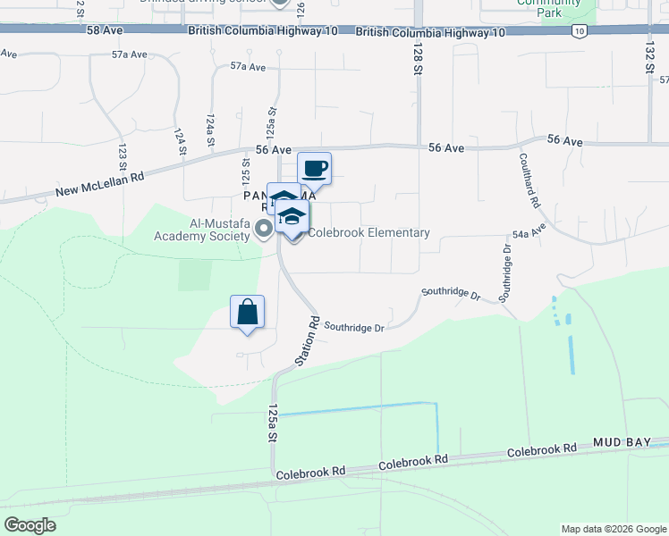 map of restaurants, bars, coffee shops, grocery stores, and more near 12665 54 Avenue in Surrey