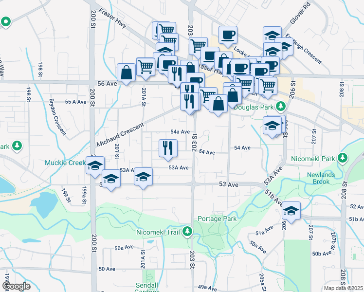 map of restaurants, bars, coffee shops, grocery stores, and more near 20257 54 Avenue in Langley