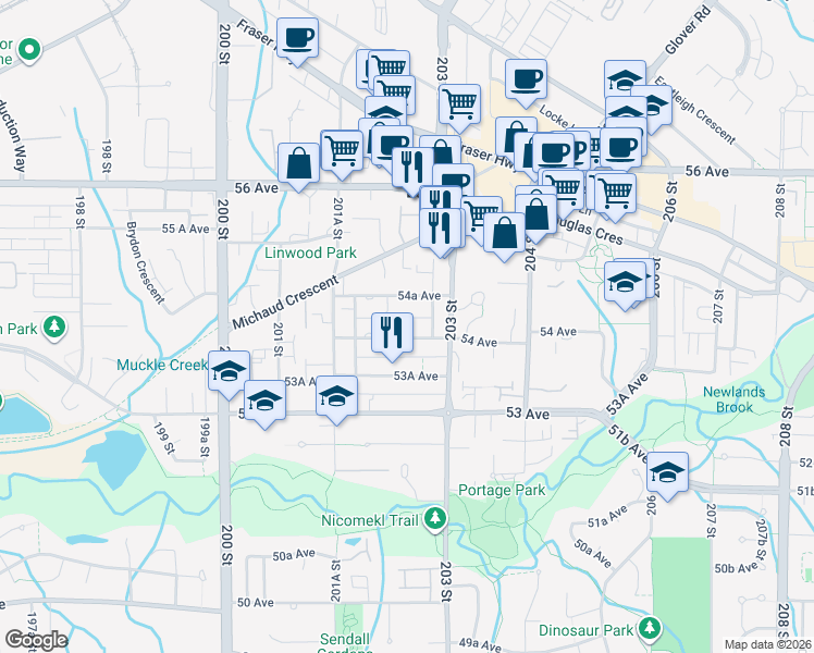 map of restaurants, bars, coffee shops, grocery stores, and more near 20237 54 Avenue in Langley
