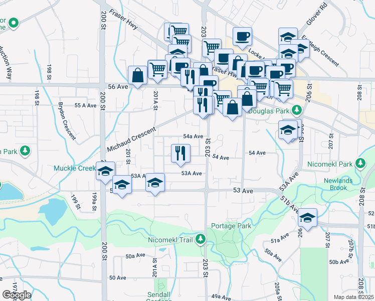 map of restaurants, bars, coffee shops, grocery stores, and more near 20237 54 Avenue in Langley