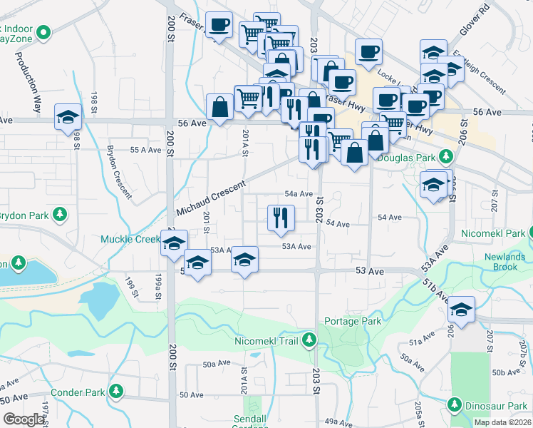 map of restaurants, bars, coffee shops, grocery stores, and more near 20214 54A Avenue in Langley