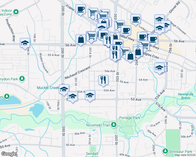 map of restaurants, bars, coffee shops, grocery stores, and more near 20189 54 Avenue in Langley