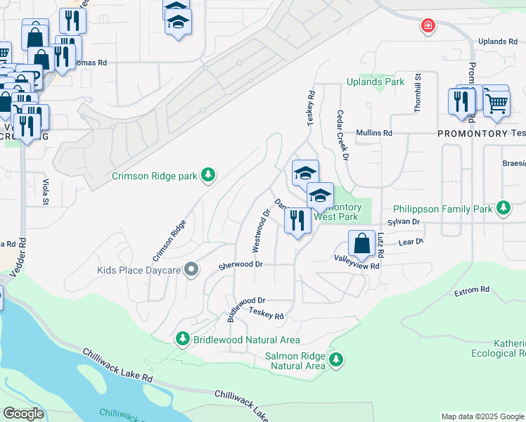map of restaurants, bars, coffee shops, grocery stores, and more near 5409 Westwood Drive in Chilliwack