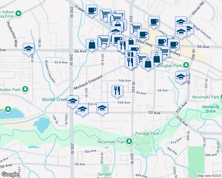 map of restaurants, bars, coffee shops, grocery stores, and more near 20189 54 Avenue in Langley